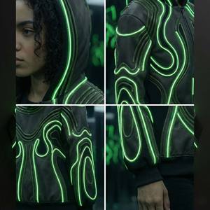 Sweat à capuche Cyberpunk d'hiver haut de gamme personnalisé, noir mat, coton lourd, Techwear, piping vert néon lumineux, broderie 3D sur le devant - Product Image 6