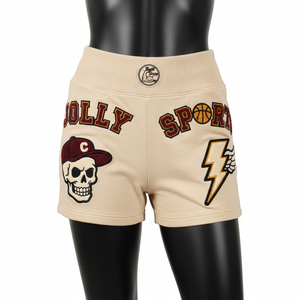 Shorts de sport pour femmes, 260 GSM, coton doux, élasthanne, molleton beige crème, broderie chenille, logo personnalisé. - Product Image 6