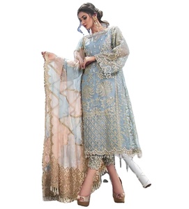 2023 vente chaude bleu clair haute qualité soie Organza Salwar Kameez robe pakistanaise/indienne avec travail manuel et broderie - Product Image 1