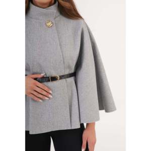 Wholesale Grey <b>Poncho</b> <b>for</b> <b>Women</b> Belt Detail Single Button Coat - Product Image 2