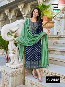 Estilo indio y pakistaní Georgette bordado trabajo Kurti Palazzo Sky Party Wear Set conjuntos de mujer con Fancy Chanderi Dupatta - Product Image 2