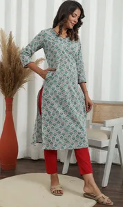 Coton Kurti traditionnel pour femmes de qualité supérieure imprimé à la main tissé tissage léger tissu respirant écologique pour - Product Image 2
