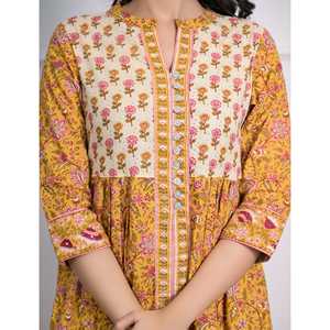 Vestido A-line de Algodón Amarillo con Estampado de Bloques para Mujer, Talla XS, Casual, Elegante, Hippie, para Fiesta, Cintura Natural, Transpirable, ODM, para el Día o Club - Product Image 2