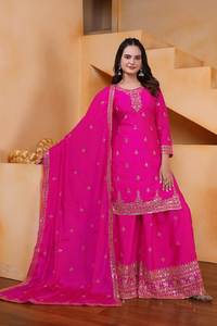 Ensemble Salwar Kameez Traditionnel Fait Main en Soie Georgette 100% Pure, Couleur Magnifique, Taille S à XXL - Product Image 6