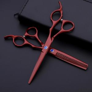 Ciseaux de coiffure en acier inoxydable en gros en outil de beauté amincissant de coupe de cheveux rouges avec étui en cuir PU - Product Image 1