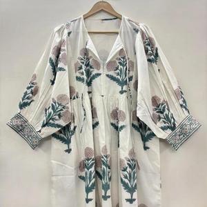 Haute qualité femmes robe mi-longue bohème coton Floral main bloc imprimer ample parfait été décontracté tunique courte cadeau parfait - Product Image 1