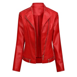Chaquetas de cuero PU ajustadas de versión informal coreana para mujer, abrigo corto de cuero de motocicleta con cremallera clásica para mujer - Product Image 1