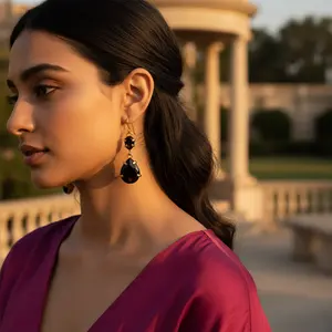 Boucles d'oreilles pendantes en onyx pour femmes avec plaqué or, pendentif en acier inoxydable, boucles d'oreilles pendantes tendance, style religieux - Product Image 2