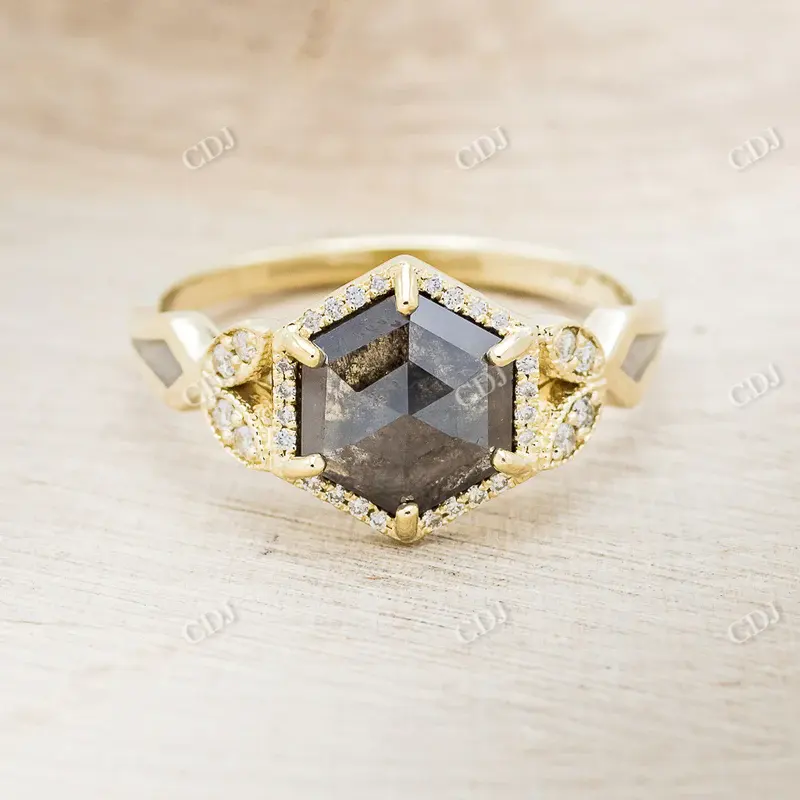 Anillo de compromiso de diamante de corte hexagonal de sal y pimienta, anillos de ajuste de racimo de oro amarillo de 18 quilates, gran oferta, joyería de diseñador de alta calidad