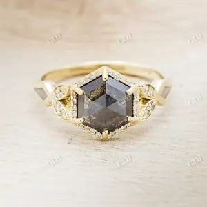 Salt And Pepper Hexagon Cut Diamond Engagement Ring 18K Yellow Gold Cluster Setting Rings Hot sale High Quality Designer Jewelry