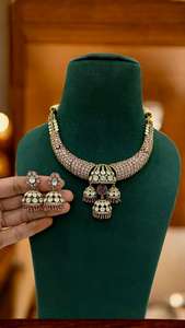 Elegant Antique Gold Plated Choker Necklace Set with Pink Stone and Uncut Diamond <b>Jhumka</b> <b>Earrings</b> - Product Image 2
