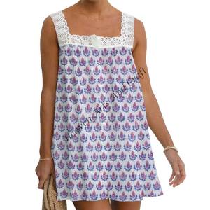 Robe en coton bohème à imprimé en blocs pour femmes, haut en dentelle fait à la main, imprimé floral, tenue décontractée, confortable et élégante, Inde - Product Image 6