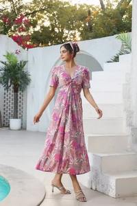 Vestido de algodón con estampado Floral de bloque de mano indio, ropa de verano informal a la moda para mujeres cortas, estilo Vintage con logotipo dulce transpirable - Product Image 2