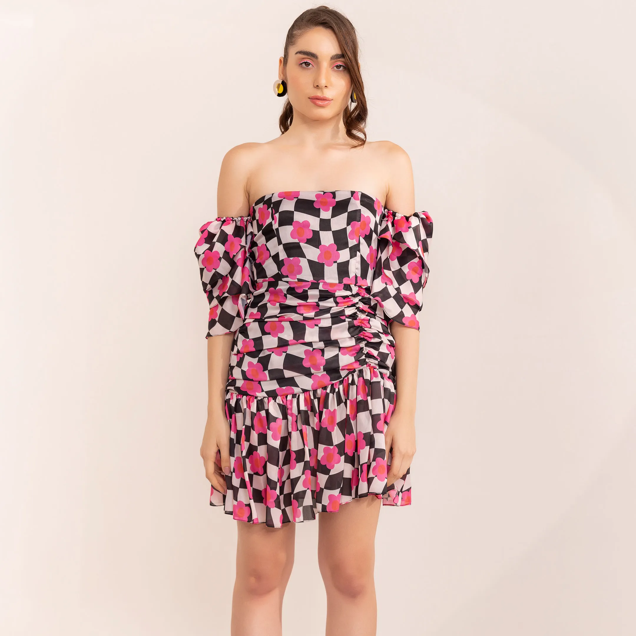 Vestido corto con hombros descubiertos y estampado a cuadros de limonada rosa con diseño de tendencia 2014 para mujer, vestido de una pieza al precio más bajo