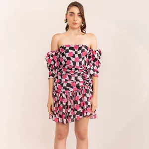 2014 trending design Pink checkered lemonade printed off shoulder short dress For Women one piece dress at lowest price