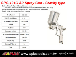 Pistolet à peinture professionnel APLUS GPG-101G, 0,4 L, buse en acier inoxydable (1,5 mm/2,5 mm), pression maximale de 30 à 45 psi, pneumatique - Product Image 2