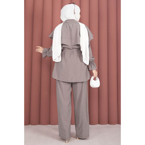 Ensemble pantalon et tunique boutonnée style cape décontracté pour femme, coupe ample en tissu crêpe, couleur pierre foncée, idéal pour le bureau, printemps/été/automne - Product Image 5