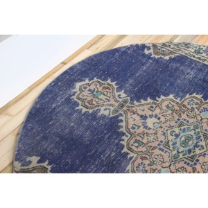 Alfombra Turca, Alfombra Redonda Vintage de 5.9x5.9 pies, Alfombra Geométrica Azul Beige - Product Image 5