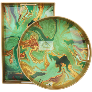 Miroir en verre et cadre en métal couleur or forme ronde vaisselle de table décorative et de service plateau de vente chaude de l'Inde - Product Image 5
