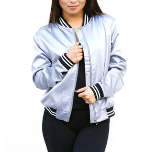 Chaqueta Bomber Azul Lavanda para Mujer, Satén, Ribete a Rayas, Cierre Completo, Ligera, Estilo Deportivo, Informal y Moderna - Product Image 1