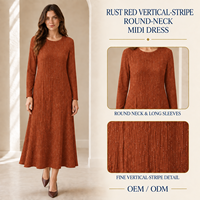 Robe midi trapèze personnalisée pour femme, rouge rouille, à fines rayures verticales, col rond, manches longues, pour occasions de boutique, OEM ODM