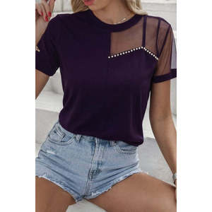 Blusa de Crepé de Manga Corta para Mujer con Detalles de Tul y Adornos de Pedrería, 37320 - Morado - Product Image 1