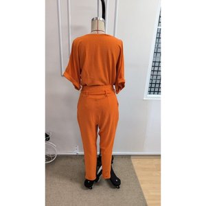 Women's Short Sleeve Collared Front Buttoned Crinkle Blouse and <b>Trousers</b> Two-Piece Set, 34914 - Orange - Product Image 5