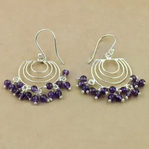 925 Silver Natural Stone Amethyst Geometric Drop <b>Earrings</b> Minimalist Wedding Women's Silver Plated - Product Image 1