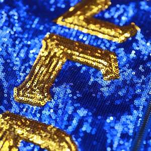 Sigma Gamma Rho SGRho Chaqueta de lentejuelas Azul real Oro Letras griegas Bordado Crest Sorority Bomber Greek Life Apparel - Product Image 6