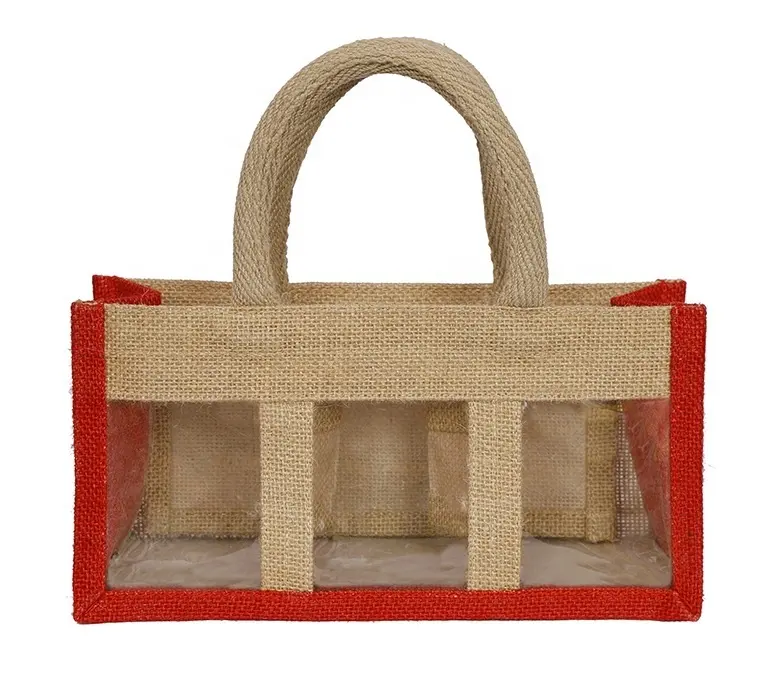 transparent pvc jute wine bag/bottle gift bag promotional jute bag/Cotton Cord Handle With PVC Window See Through Small Jute bag