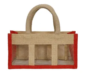 Transparente PVC-Jute-Weint asche/Flasche Geschenkt üte Werbe-Jute tasche/Baumwoll schnur griff mit PVC-Fenster Durchsichtige kleine Jute tasche