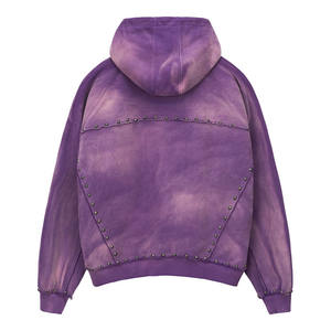 Alta calidad Heavyweight 480Gsm Blank Plain Acid Washed Sun Faded Rivet Rhinestone Zip Up Hoodie - Product Image 2