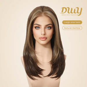 Peluca Sintética Morita-DWY 13*4 con Frente de Encaje sin Pegamento para Mujer, 16 Pulgadas, Larga, Lisa, Marrón con Reflejos - Product Image 1