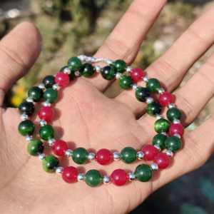 Collar de Ojo de Tigre Verde Natural y Rubí Rosa, Collar de Piedras Preciosas con Cuentas Redondas de 8 mm, Joyería de Cristal Curativo, Regalo - Product Image 3