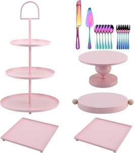 Support à cupcakes à 3 étages en métal rose, fait à la main, écologique, pour la présentation de desserts décoratifs, ustensiles de cuisine, plateau de service avec un ensemble de couverts - Product Image 1