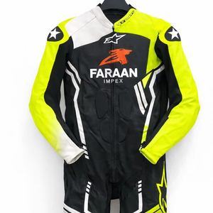 Combinaison de course de moto en cuir noir jaune néon, une pièce, professionnelle, pour la piste, combinaison de protection pour motard, fabricant OEM - Product Image 1