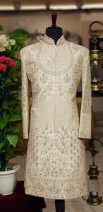 ELEGANT-BEAUTIFUL EMBROIDERY on GROOM SHERWANI and <b>PANT</b> WITH EMBELLISHED CRYSTAL GLASS BEADS,DABKA,STONE WORK for WEDDING=2024 - Product Image 2