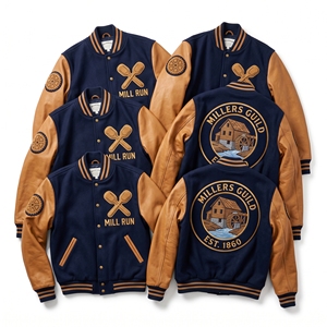 Veste universitaire en gros avec manches en cuir, broderie roue de moulin à eau en laine et patch grain de pagaie - Product Image 1