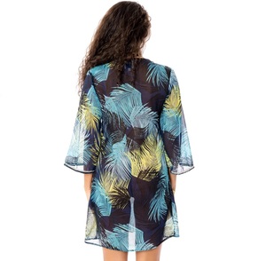 Tunique de plage courte à col V profond de maternité, belle impression translucide aux couleurs vives, une pièce brodée à la main, quatre manches - Product Image 4