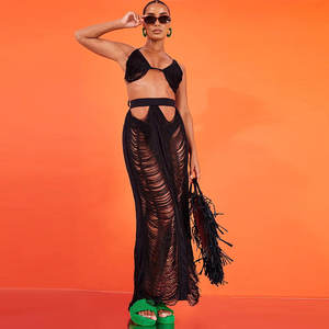 Costume da Bagno Due Pezzi con Logo Personalizzato, Taglie Forti, Bikini con Reggiseno e Gonna Lunga Traforata in Maglia, Abbigliamento da Spiaggia Estivo - Product Image 2