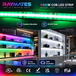 Tira de Luces LED COB RGBW Multicolor Flexible de Alta Densidad sin Puntos RAYMATES 24V 840leds/m DC24V para Decoración de Gabinetes del Hogar - Product Image 1