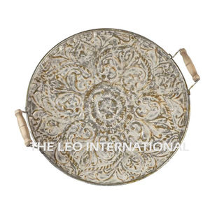Metal de aluminio Base de madera Forma redonda Plateado Estilo elegante Lujo Hecho a mano Hogar Acento Bandeja decorativa - Product Image 5