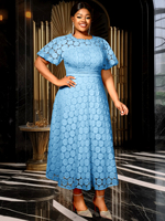 AM050348 Robe Maxi Décontractée Blanche en Dentelle pour Femmes, Manches Bouffantes d'Été, Coupe Trapèze Grandes Tailles