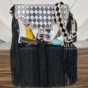New 2025 Hand <b>Tooled</b> Checkered <b>Leather</b> PVC Clear Transparent Women's Handbag Luxury Fashion Design Zipper Crossbody Fringe Bags - Product Image 1