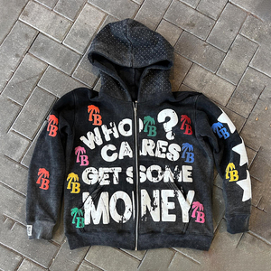 Sweat à capuche zippé de haute qualité en gros Streetwear impression de bulles manteau à capuche zippé lavé à l'acide avec strass personnalisé pour hommes - Product Image 6