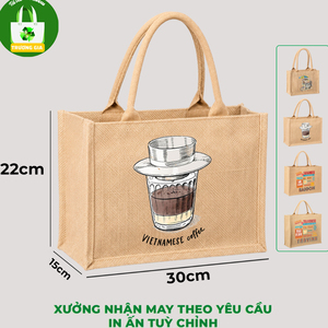 Sac de courses en jute Truong Gia 30x22x15cm, imprimé café vietnamien, réutilisable - Product Image 1