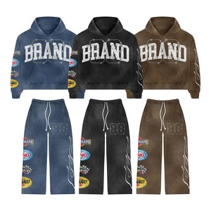 ชุดวอร์มแนวสตรีทแวร์สำหรับแข่งรถชุดโอเวอร์ไซส์ใส่ได้ทั้งชายและหญิงเสื้อมีฮู้ดและกางเกงแนววินเทจซักได้ตามต้องการ - Product Image 2