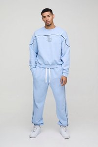 Logo personnalisé surdimensionné Boxy BM passepoil O cou imprimé respirant et durable sweat-shirt et sweat à capuche pantalons de survêtement survêtement ensemble pantalon cargo - Product Image 2