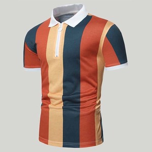 Men's Color Blocked Striped Short Sleeve Knitted Polo <b>Shirt</b> Casual Zipper <b>Collar</b> Design - Product Image 2