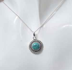Blue Turquoise Sterling Silver Pendant Necklace Handmade Flower Design Gemstone Jewelry Elegant <b>Gifts</b> Women - Product Image 5